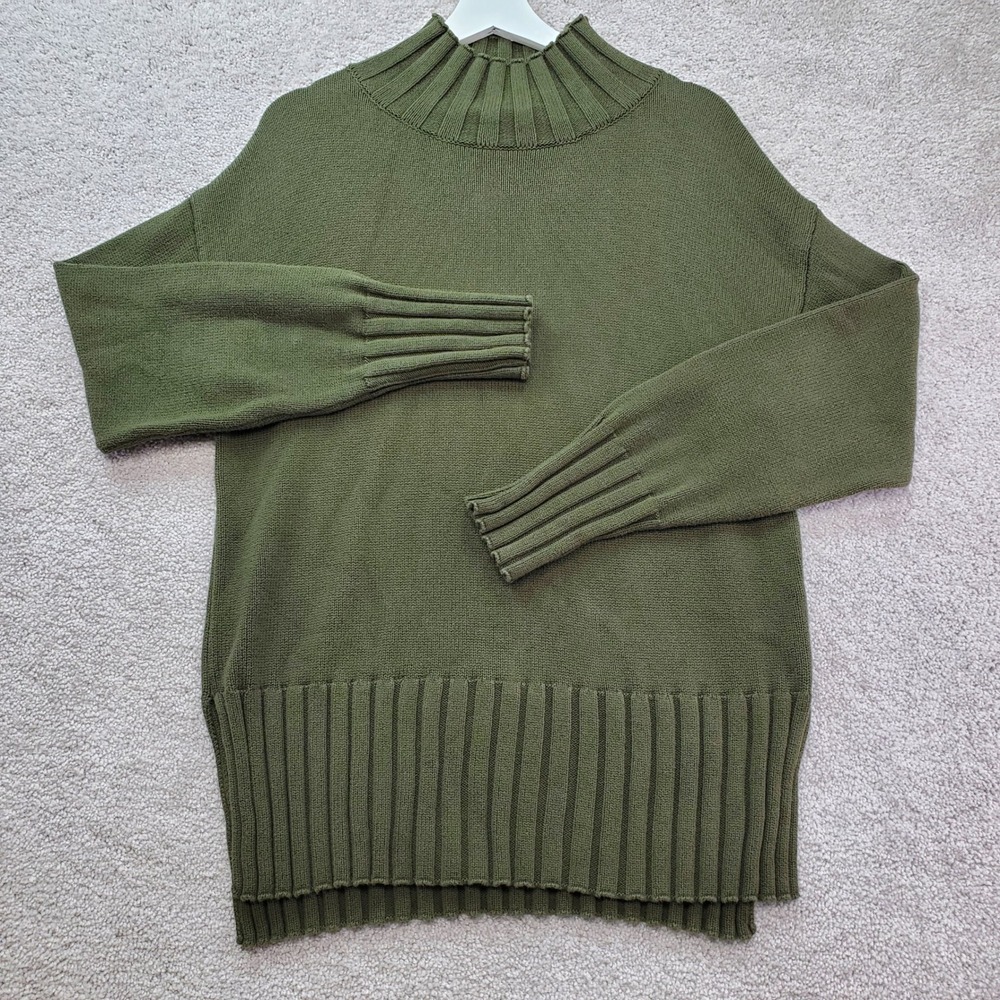 Sara Campbell Sweater Women Medium Olive Green Mock Neck Cotton Ribbed Academia